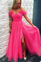 Off-Shoulder Tulle Fuchsia Prom Dresses with Split, Long Formal Dresses