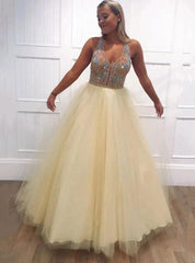 A-Line Tulle Beading V-Neck Long Prom Dresses Keyhole Evening Dress