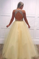 A-Line Tulle Beading V-Neck Long Prom Dresses Keyhole Evening Dress