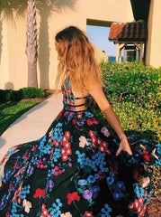 A-Line V-Neck Tulle Long Prom Dress with Floral Embroidery