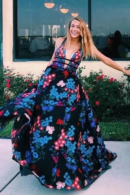 A-Line V-Neck Tulle Long Prom Dress with Floral Embroidery