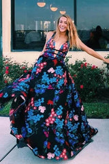 A-Line V-Neck Tulle Long Prom Dress with Floral Embroidery