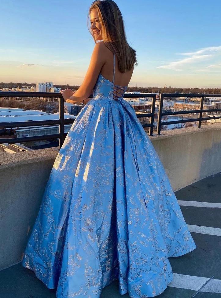 A-Line V-Neck Spaghetti Strap Blue Long Prom Dress with Lace-Up Back
