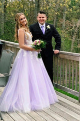 A-Line V-Neck Lilac Long Prom Dresses, Appliques Long Formal Gowns