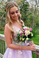 A-Line V-Neck Lilac Long Prom Dresses, Appliques Long Formal Gowns