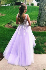 A-Line V-Neck Lilac Long Prom Dresses, Appliques Long Formal Gowns
