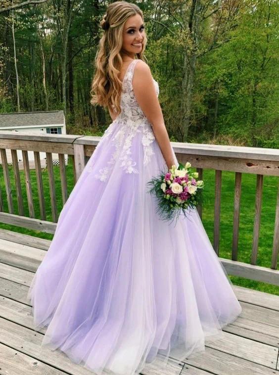 A-Line V-Neck Lilac Long Prom Dresses, Appliques Long Formal Gowns