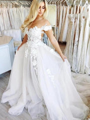 Off-Shoulder Lace Appliques Tulle Wedding Dresses A-Line Long Bridal Dresses