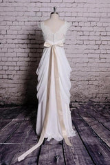 Princess V-Neck Cap Sleeve Lace Chiffon Wedding Dresses with Ribbons
