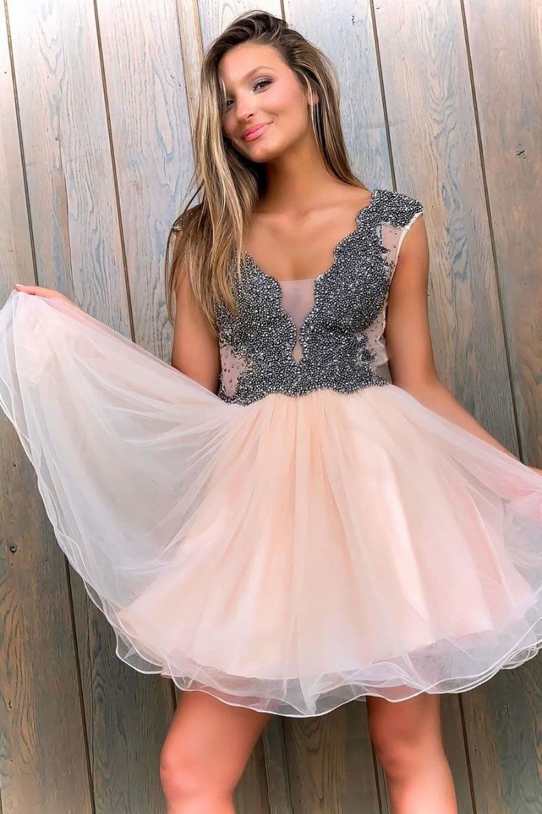 Cute Homecoming Dress A-Line V-Neck Short Prom Dress with Beading