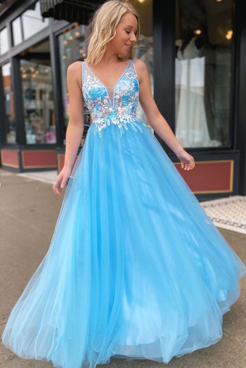 Blue V-Neck Lace Appliques Tulle Long Prom Dress with Open Back