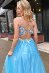 Blue V-Neck Lace Appliques Tulle Long Prom Dress with Open Back