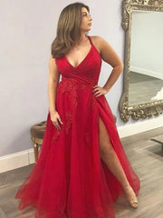 Red V-Neck Tulle Long Prom Dresses, Plus Size Formal Evening Dresses