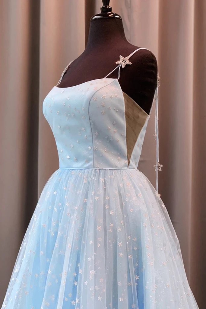 Charming A-Line Spaghetti Straps Tulle Starry Night Long Prom Dresses