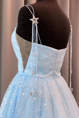 Charming A-Line Spaghetti Straps Tulle Starry Night Long Prom Dresses
