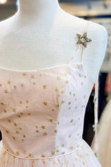 Charming A-Line Spaghetti Straps Tulle Starry Night Long Prom Dresses