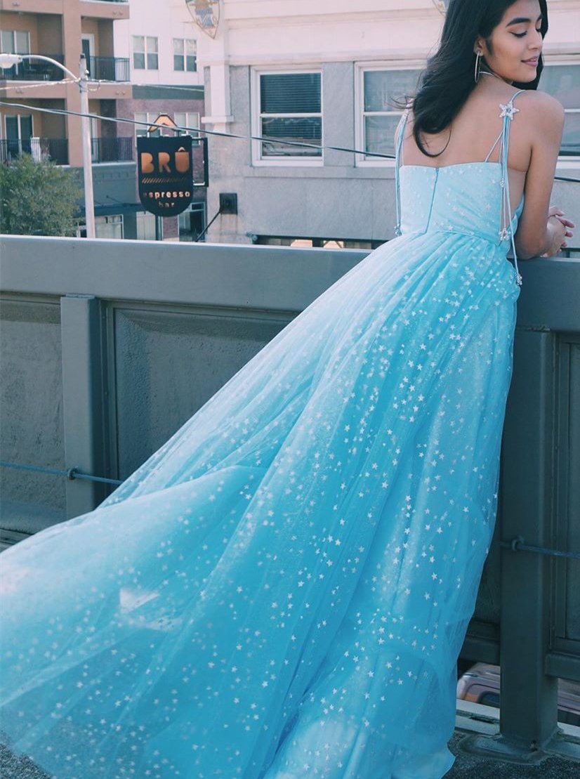 Charming A-Line Spaghetti Straps Tulle Starry Night Long Prom Dresses