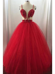 Spaghetti Straps Tulle Burgundy Long Prom Dresses with Applique Beading