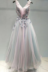 A-Line V-Neck Lace Appliques Ombre Long Prom Formal Dresses