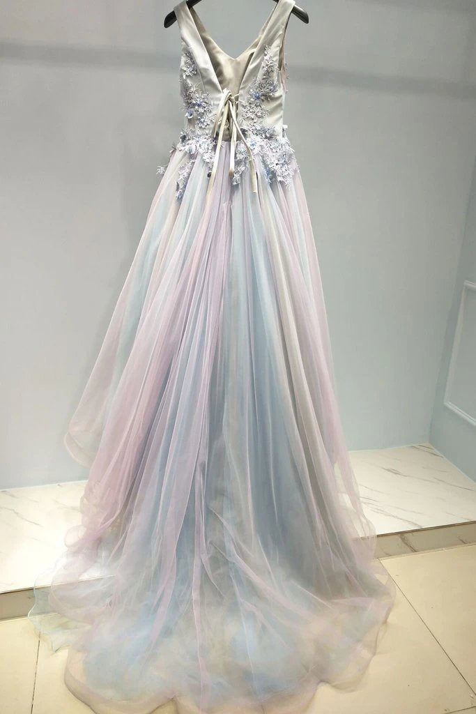 A-Line V-Neck Lace Appliques Ombre Long Prom Formal Dresses
