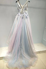 A-Line V-Neck Lace Appliques Ombre Long Prom Formal Dresses