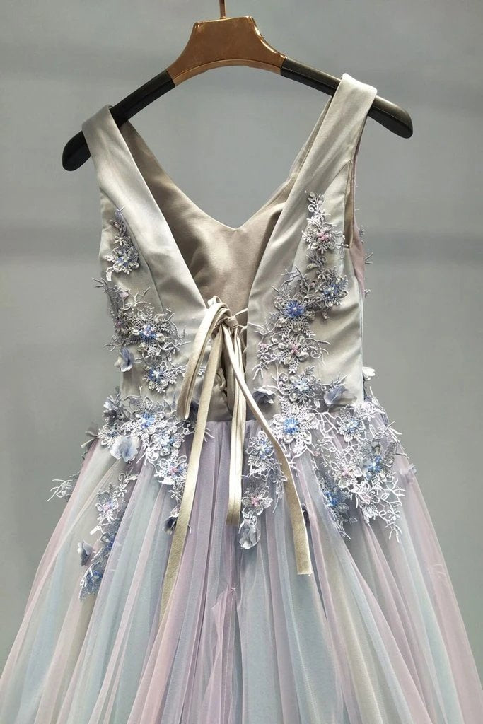 A-Line V-Neck Lace Appliques Ombre Long Prom Formal Dresses