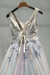 A-Line V-Neck Lace Appliques Ombre Long Prom Formal Dresses