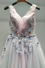A-Line V-Neck Lace Appliques Ombre Long Prom Formal Dresses