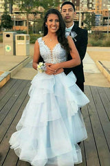 A-Line/Princess Sweet 16 Dresses, Sky Blue Ruffles Long Prom Dresses