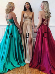 Spaghetti Straps A-Line Long Prom Dresses, Sleeveless V-Neck Formal Dress