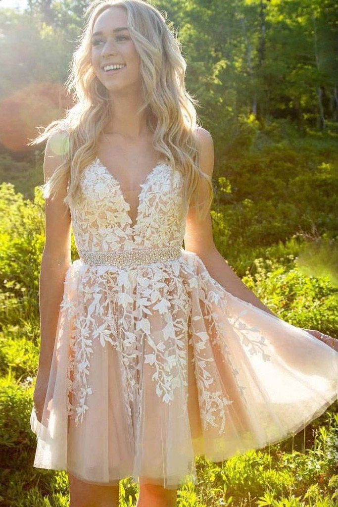Chic A-Line Tulle Applique V-Back Short Prom Homecoming Dress