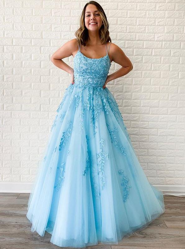 Sky Blue Tulle Appliques Spaghetti-Straps Long Prom Dresses