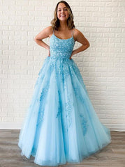 Sky Blue Tulle Appliques Spaghetti-Straps Long Prom Dresses