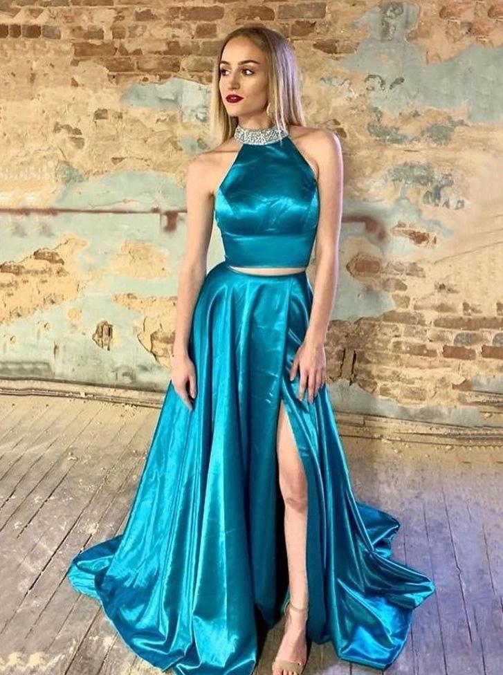 Beaded Halter Two-Piece Long Evening Gown with Split