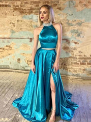 Beaded Halter Two-Piece Long Evening Gown with Split