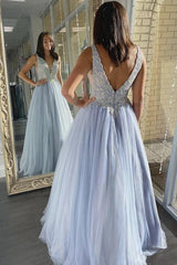 A-Line V-Neck Tulle Lace Appliques Long Formal Prom Dresses