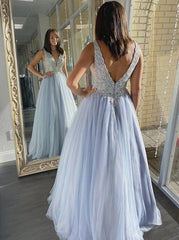 A-Line V-Neck Tulle Lace Appliques Long Formal Prom Dresses