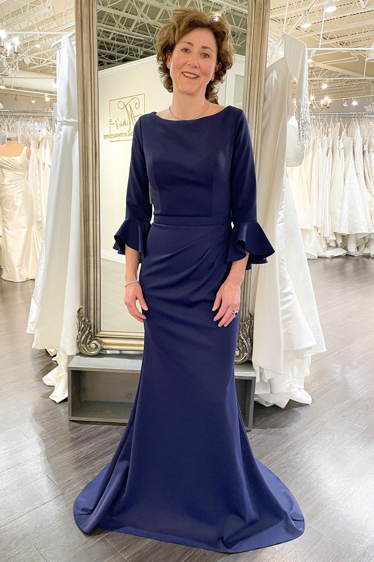 Bell Sleeve Mermaid Deep Blue Pleated Mother of the Bride Dress