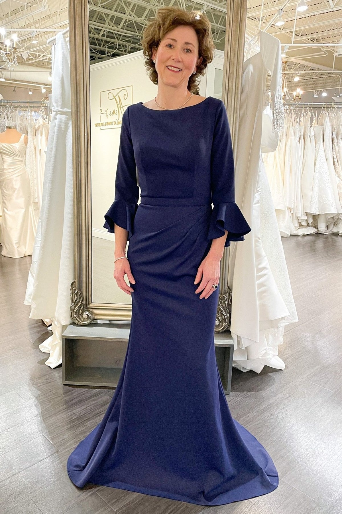 Bell Sleeve Mermaid Deep Blue Pleated Mother of the Bride Dress