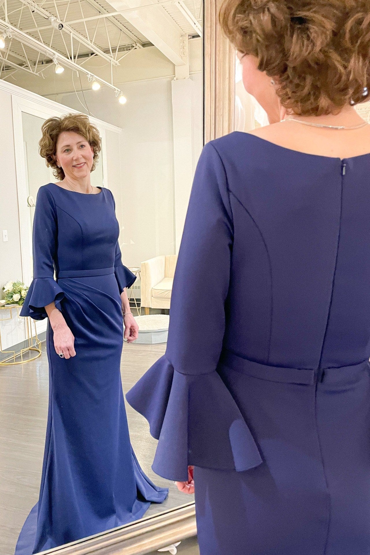 Bell Sleeve Mermaid Deep Blue Pleated Mother of the Bride Dress