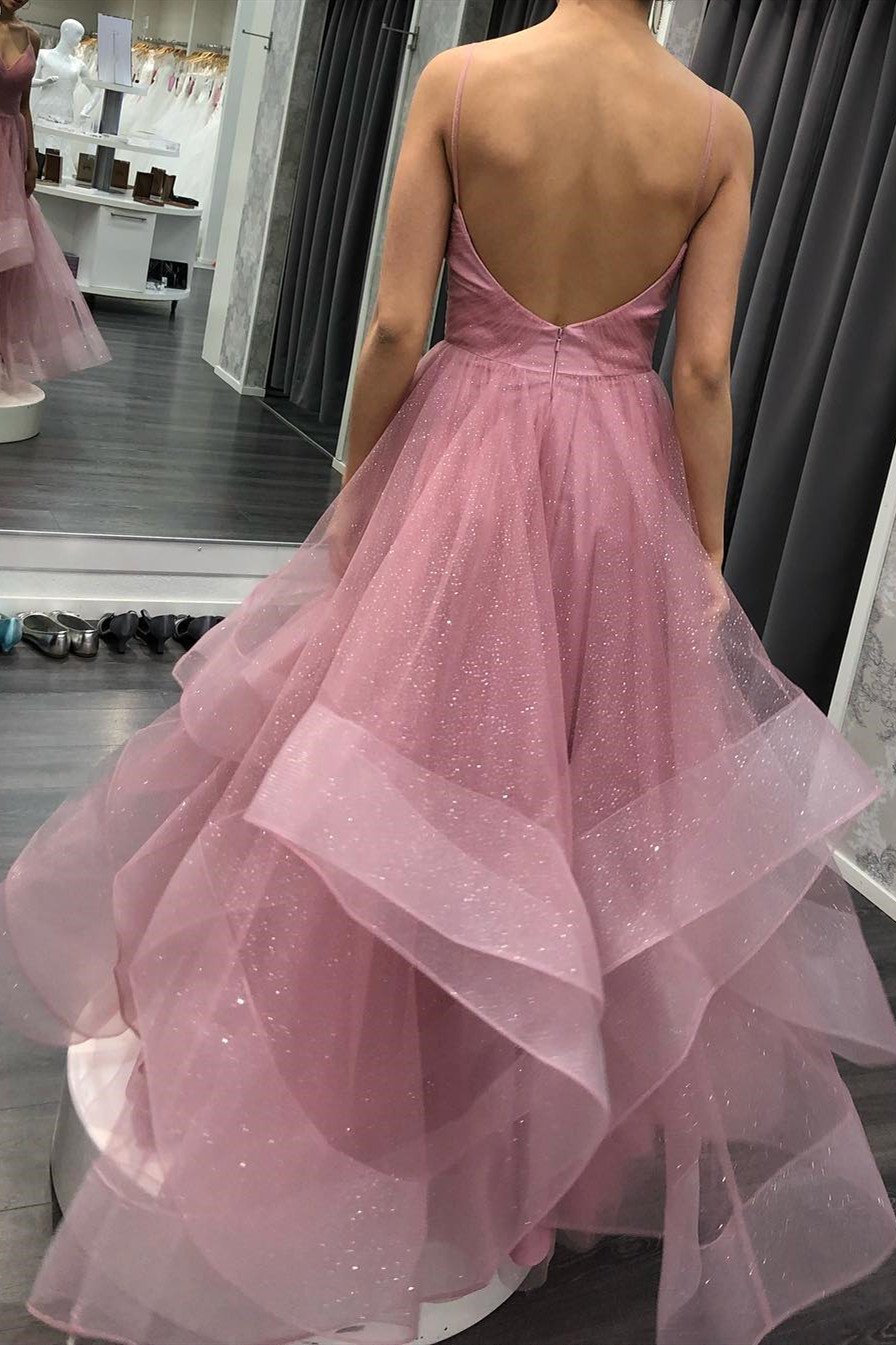 Glitter Straps Ruffled Pink Long Prom Dresses, Backless Formal Gown