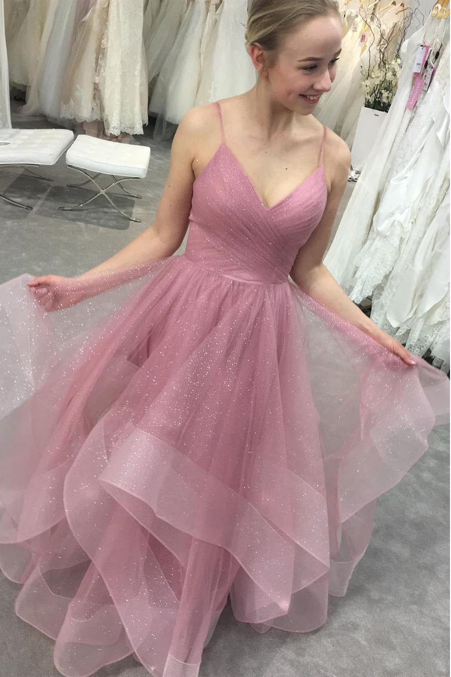 Glitter Straps Ruffled Pink Long Prom Dresses, Backless Formal Gown