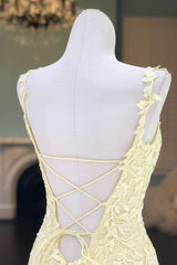 Princess Spaghetti Straps Appliqued Mermaid Prom Dresses, Ruffle Formal Dress