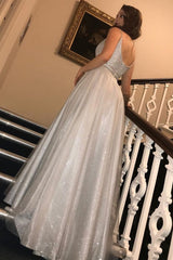 Glitter Silver Long Prom Dresses, A-Line V-Neck Sequins Formal Dress