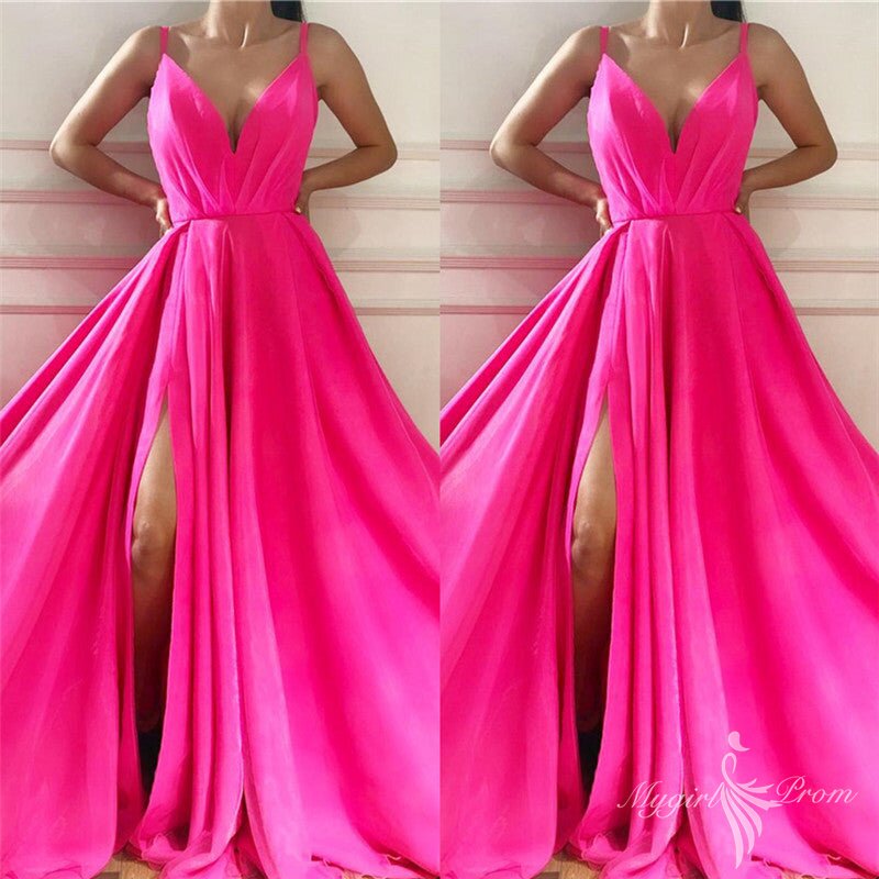Chic Spaghetti Straps Hot Pink V-Neck Prom Dress with Slit