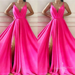 Chic Spaghetti Straps Hot Pink V-Neck Prom Dress with Slit