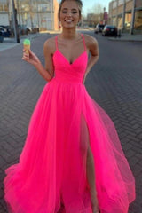 Fluorescent Fuchsia Spaghetti Straps Long Prom Dresses with Split