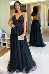 V-Neck Backless Black Long Prom Dresses with Shiny Formal Evening Dresses