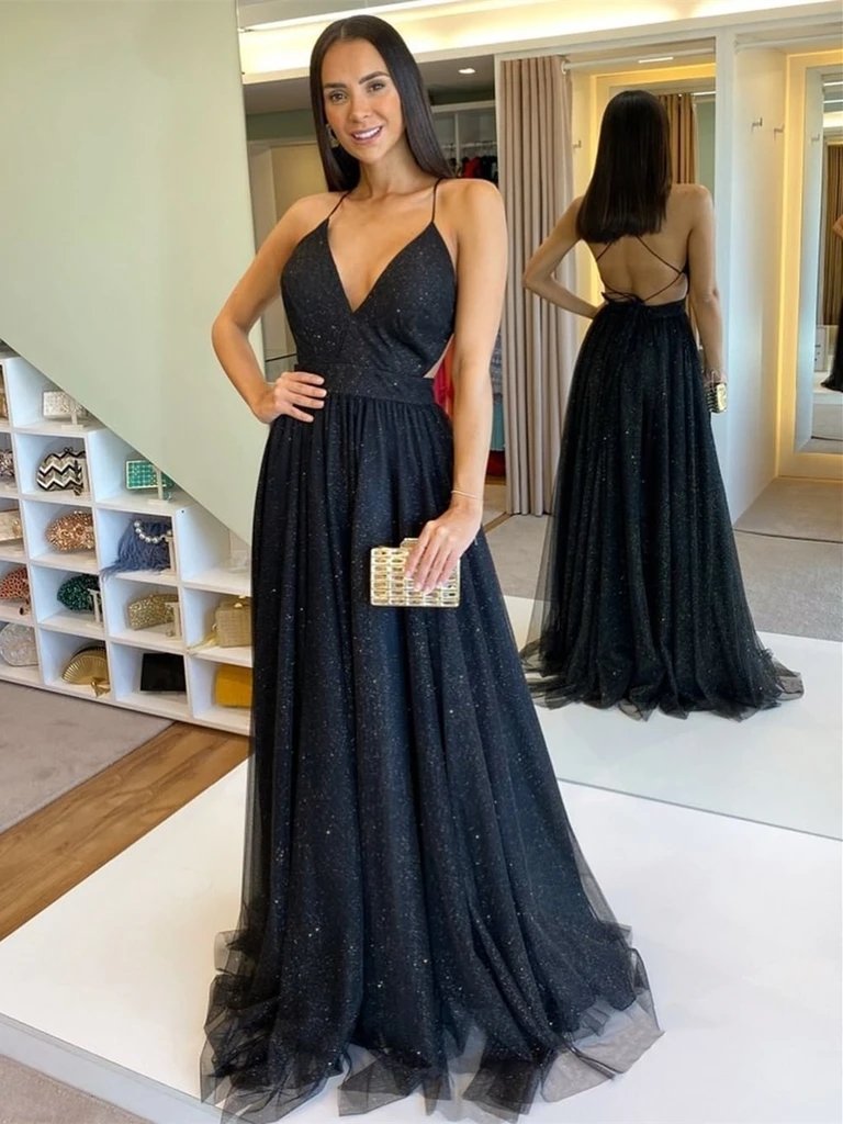 V-Neck Backless Black Long Prom Dresses with Shiny Formal Evening Dresses