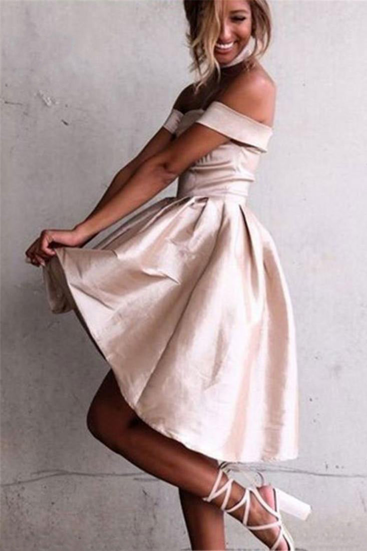 A-Line Off-Shoulder Satin Asymmetrical High-Low Prom Dress with Pleats